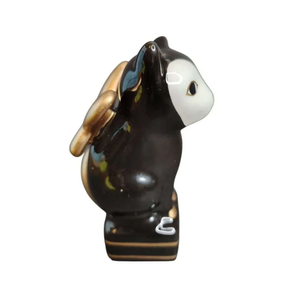 West Elm Black White Cat Angel Wing Cat Figurine, Gold Wings Nose Toes, Ceramic